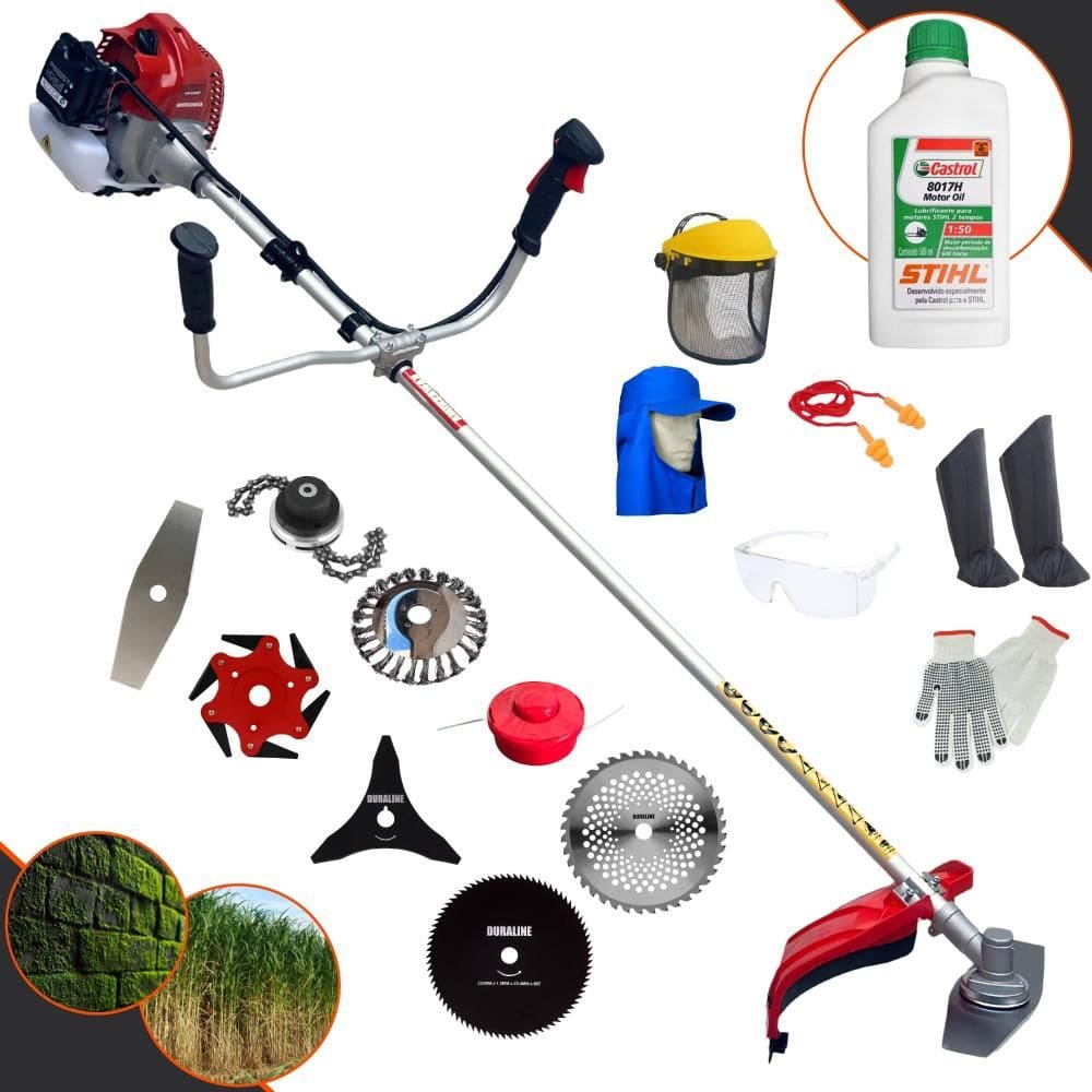 Cortador de Grama À Gasolina Kawashima BCJ620-L 62cc 3HP Alta Rotação Roçadeira Completa Com Carretel e Kit 7 Opções de Corte + EPI + ÓLEO STIHL 2T