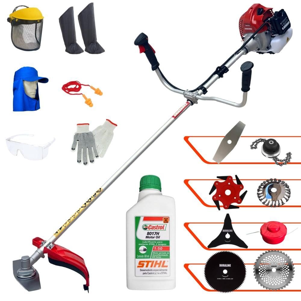 Roçadeira Kawashima BCJ620L 62cc Com Carretel + Facas 2 Pontas, 3 Pontas, 6 Pontas, 40 Dentes, 80 Dentes, Trimmer e Escova de Aço + EPI + ÓLEO STIHL