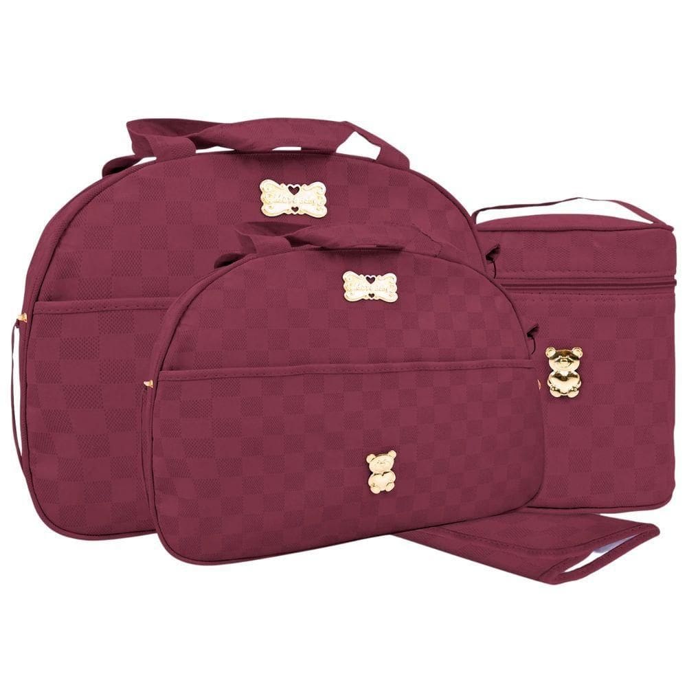 Kit Bolsas Maternidade Xadrez Baby Exclusive Gold Vinho