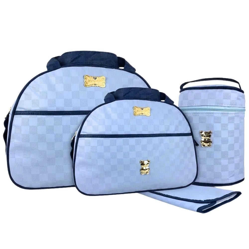 Kit Bolsas Maternidade Xadrez Baby Exclusive Gold Azul Claro