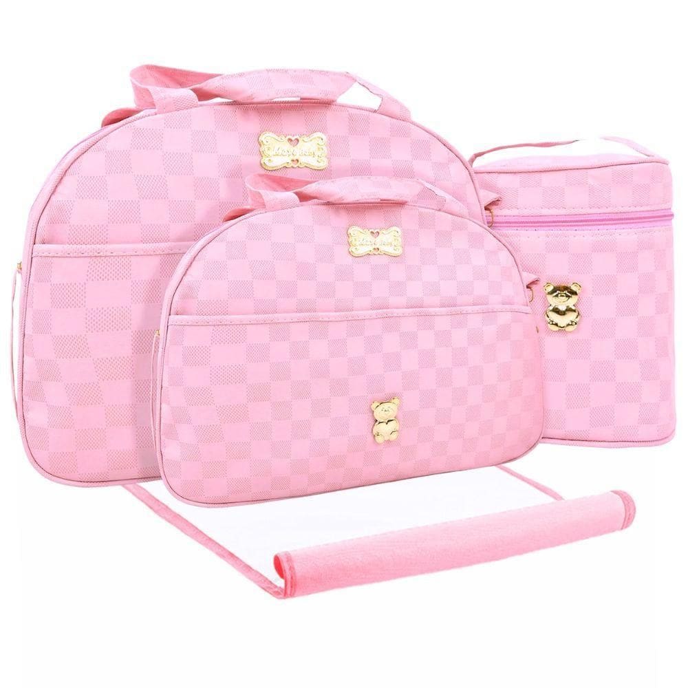 Kit Bolsas Maternidade Xadrez Baby Exclusive Gold Rosa