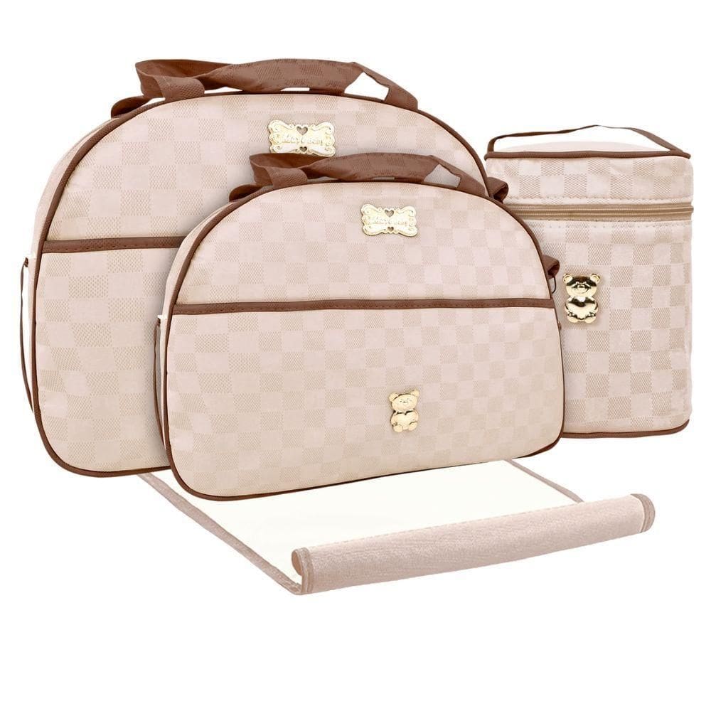 Kit Bolsas Maternidade Xadrez Baby Exclusive Gold Bege