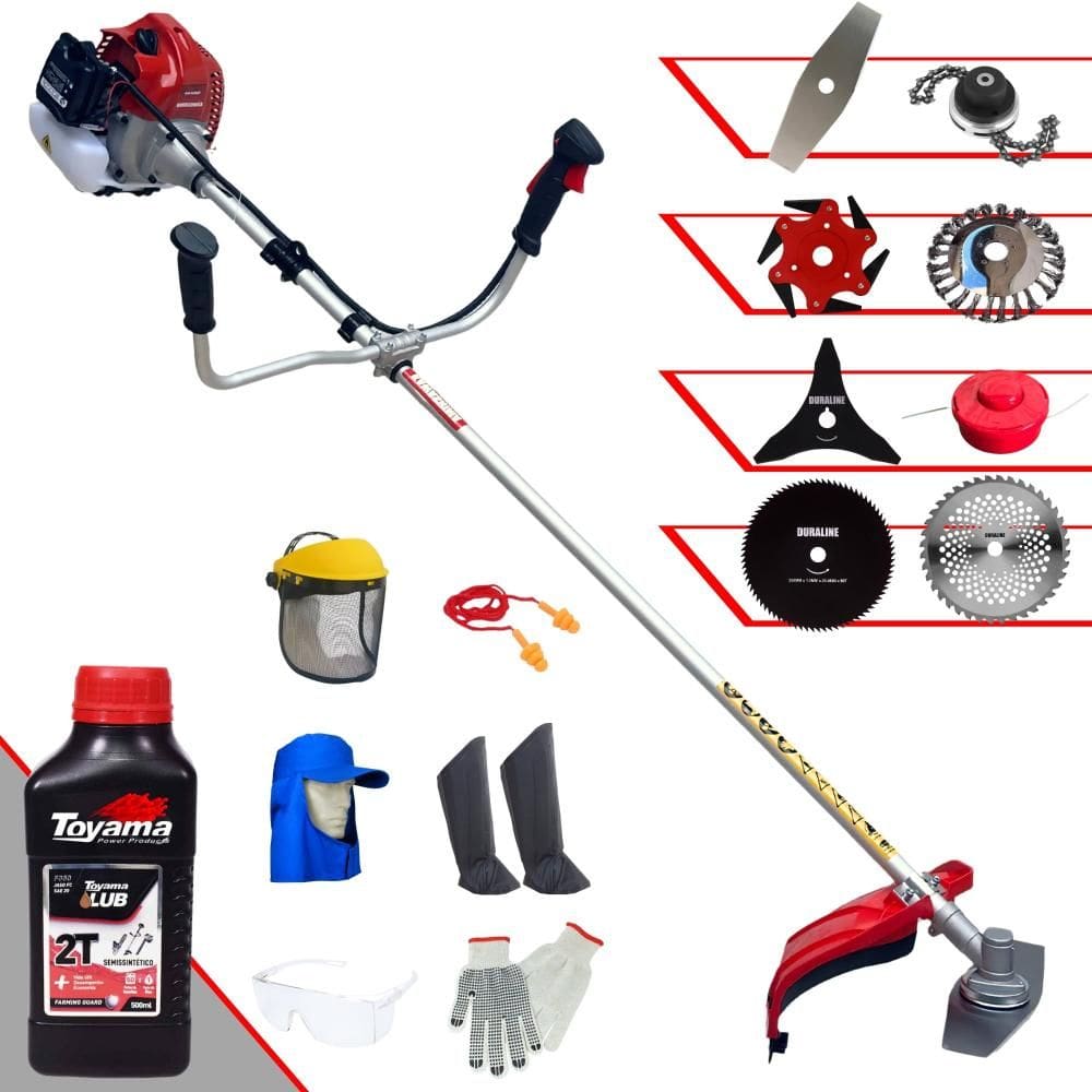 Roçadeira Kawashima BCJ620L 62cc Com Carretel + Facas 2 Pontas, 3 Pontas, 6 Pontas, 40 Dentes, 80 Dentes, Trimmer e Escova de Aço + EPI + ÓLEO TOYAMA