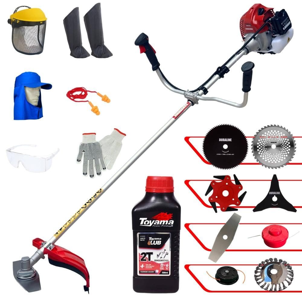 Roçadeira Kawashima BCJ620L 62cc Com Carretel + Facas 2 Pontas, 3 Pontas, 6 Pontas, 40 Dentes, 80 Dentes, Trimmer e Escova de Aço + EPI + ÓLEO TOYAMA