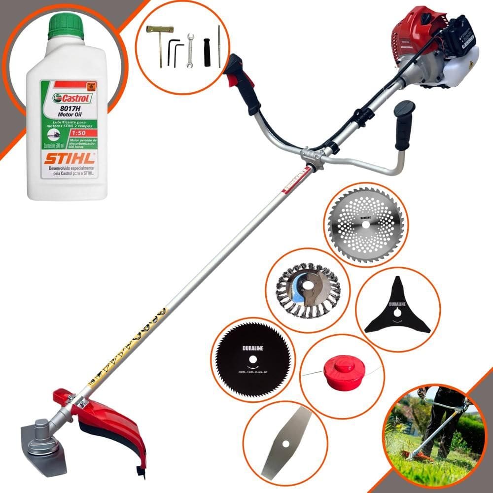 Roçadeira Robusta Kawashima BCJ620-L À Gasolina 62cc Com Carretel e Faca 2 Pontas + Facas 3 Pontas, 40 Dentes, 80 Dentes + Escova de Aço + ÓLEO STIHL