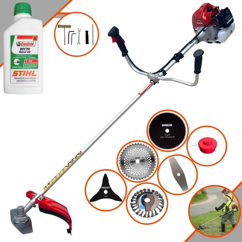 Roçadeira Robusta Kawashima BCJ620L À Gasolina 62cc 3HP 10.000rpm Multifuncional Com Carretel + 4 Lâminas de Corte + Escova de Aço + ÓLEO STIHL 2T