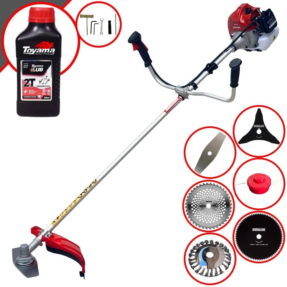 Roçadeira Completa Kawashima BCJ620L À Gasolina 62cc Com Carretel e Faca 2 Pontas + Facas 3 Pontas, 40 Dentes, 80 Dentes + Escova de Aço + ÓLEO TOYAMA