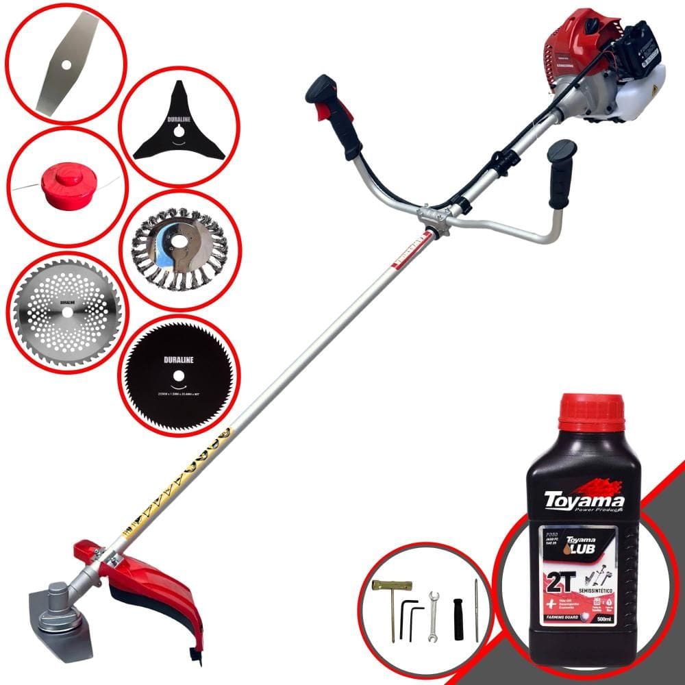 Roçadeira 6 Em 1 Kawashima BCJ620L 62cc Com Carretel + Faca 2 Pontas + Faca 3 Pontas + Faca 40 Dentes + Faca 80 Dentes + Escova de Aço + ÓLEO TOYAMA