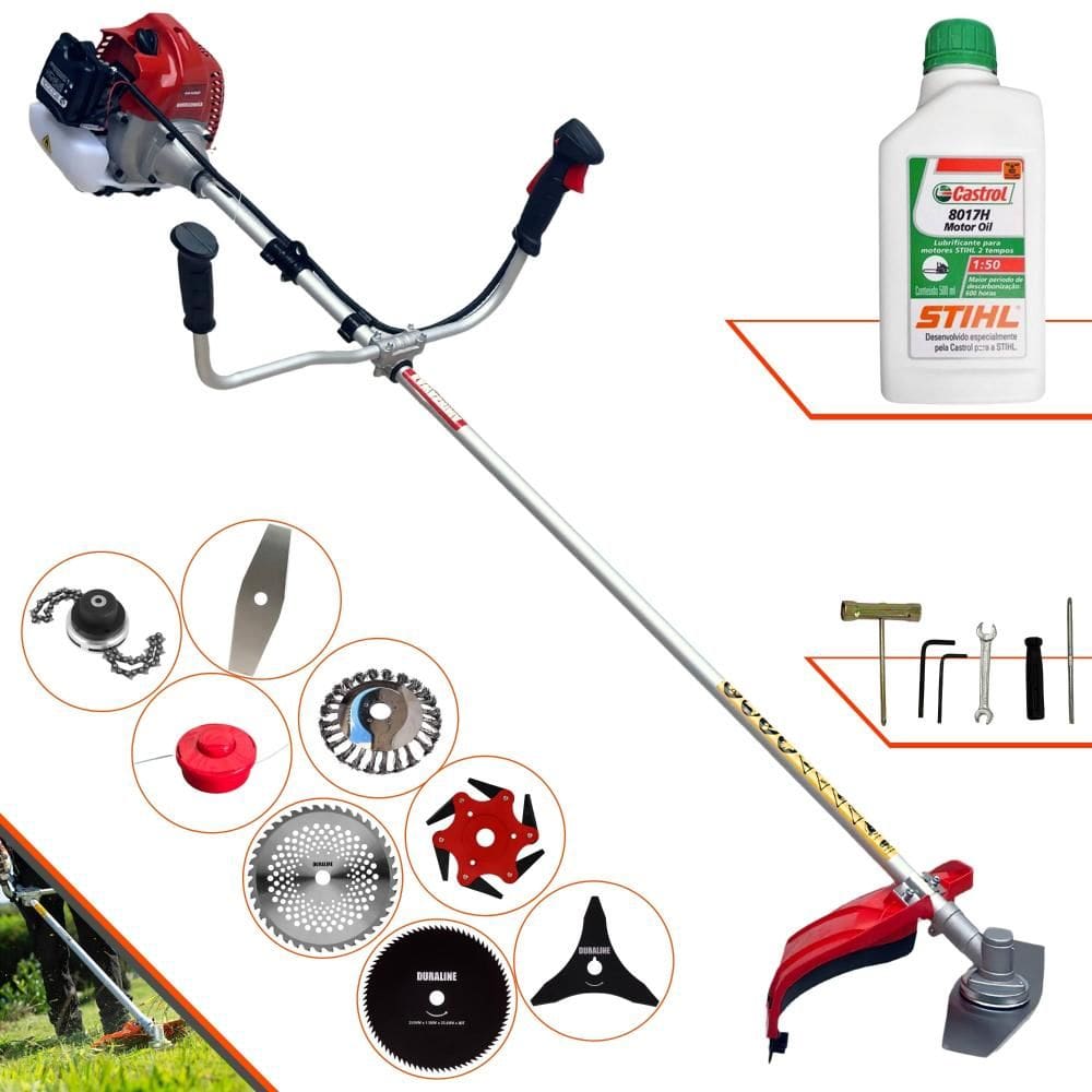 Roçadeira Kawashima BCJ620-L 62cc 3HP Com Carretel + Facas 2 Pontas, 3 Pontas, 6 Pontas, 40 Dentes, 80 Dentes, Trimmer, Escova de Aço + ÓLEO STIHL