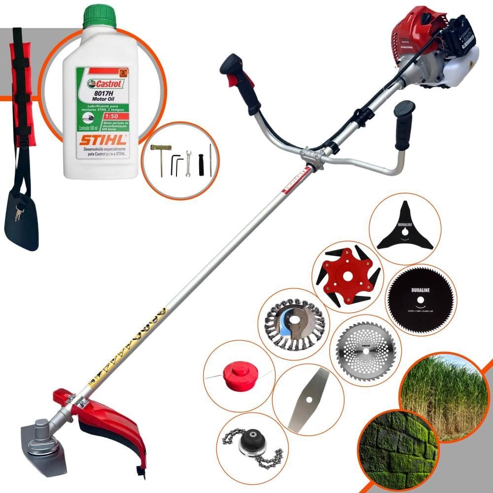 Roçadeira Kawashima BCJ620L 62cc 3HP Com Carretel + Facas 2 Pontas, 3 Pontas, 6 Pontas, 40 Dentes, 80 Dentes, Trimmer, Escova de Aço + ÓLEO STIHL 2T