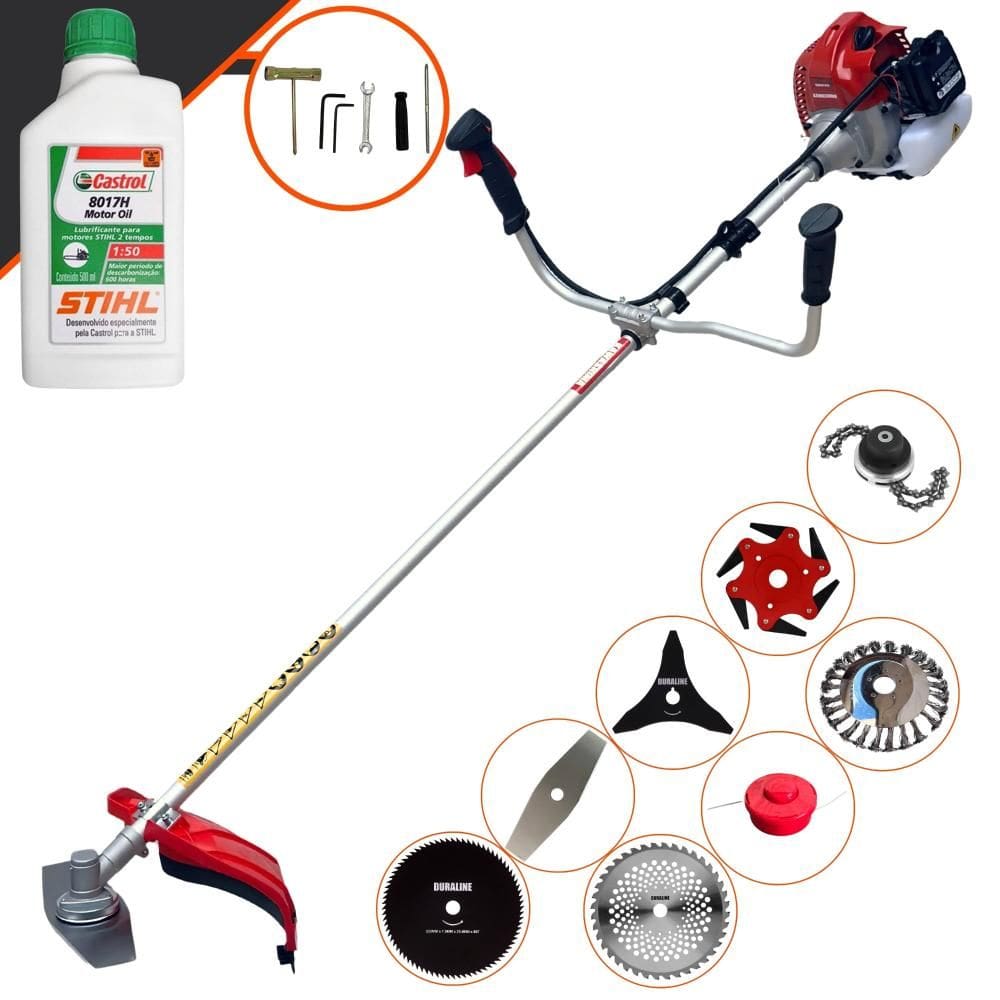 Roçadeira Kawashima BCJ620L 62cc 3HP Com Carretel + Facas 2 Pontas, 3 Pontas, 6 Pontas, 40 Dentes, 80 Dentes, Trimmer, Escova de Aço + ÓLEO STIHL