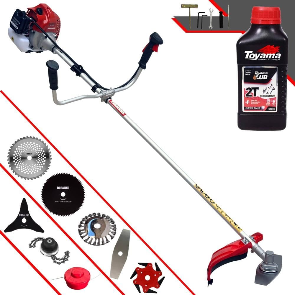 Roçadeira Kawashima BCJ620L 62cc 3HP Com Carretel + Faca 2 Pontas, 3 Pontas, 6 Pontas, 40 Dentes, 80 Dentes, Trimmer e Escova de Aço + ÓLEO TOYAMA 2T