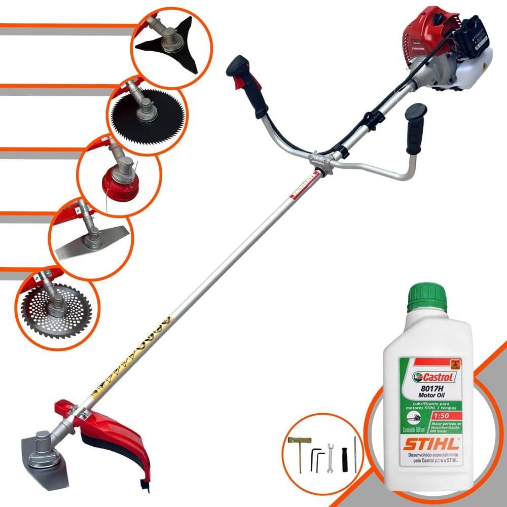 Roçadeira Kawashima BCJ620-L À Gasolina 62cc 3HP Com Faca 2 Pontas + Faca 3 Pontas + Faca 40 Dentes + Faca 80 Dentes + Carretel Nylon + ÓLEO STIHL 2T