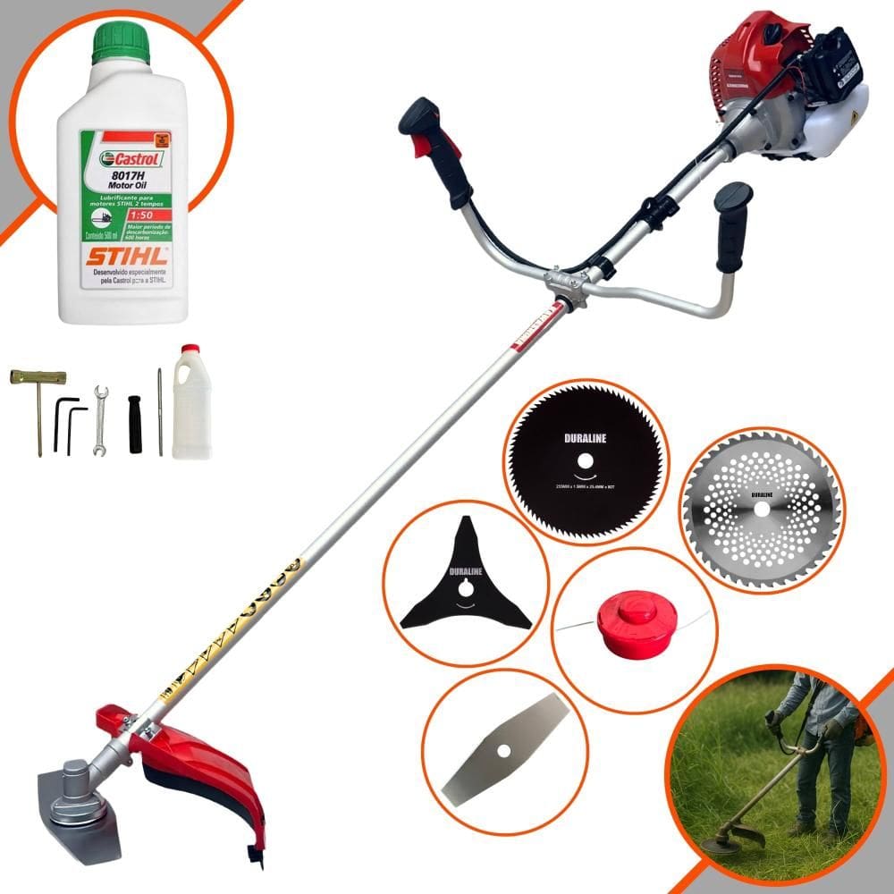 Roçadeira Aparador de Grama Lateral Kawashima BCJ620-L À Gasolina 62cc 3HP Robusta Com Carretel de Nylon + Kit 4 Lâminas de Corte + ÓLEO STIHL 2T