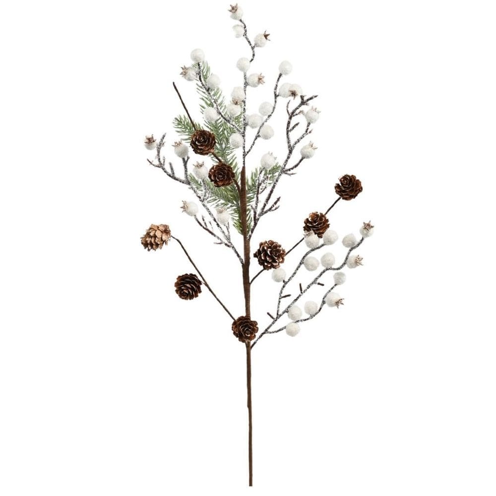 Galho Decor Natal Folhagens Berries Branco e Pinhas Rústico 62cm - Magizi