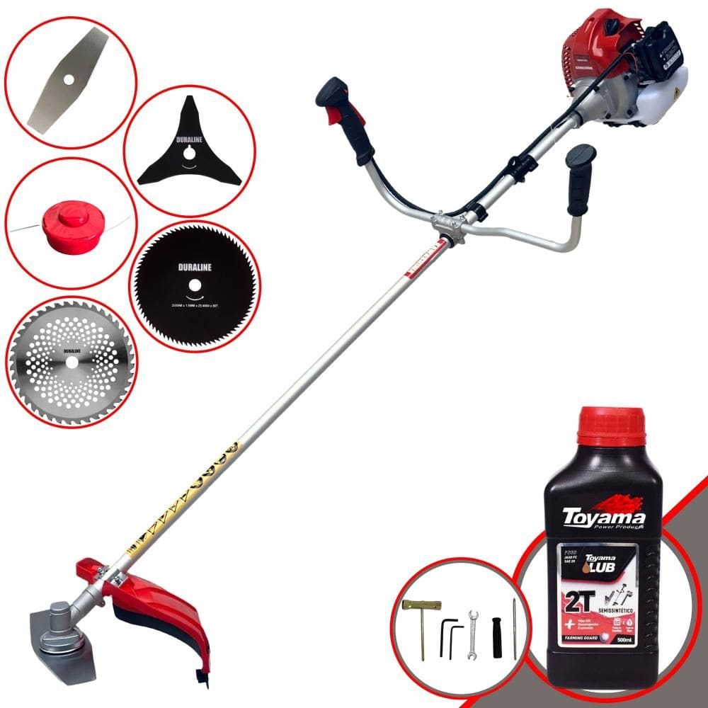 Roçadeira Completa À Gasolina Kawashima BCJ620L Motor 2 Tempos 62cc 3HP Alta Performance Com Carretel Nylon + Kit 7 Opções de Corte + ÓLEO TOYAMA 2T