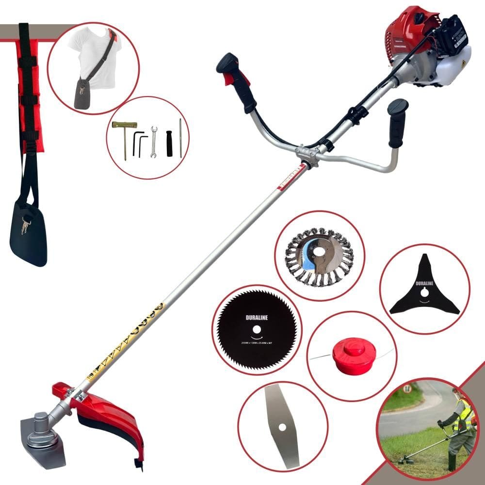 Roçadeira Robusta Kawashima BCJ620L À Gasolina 62cc 3HP 5 Opções de Corte Com Facas 2 Pontas, 3 Pontas, 80 Dentes, Escova de Aço e Carretel de Nylon