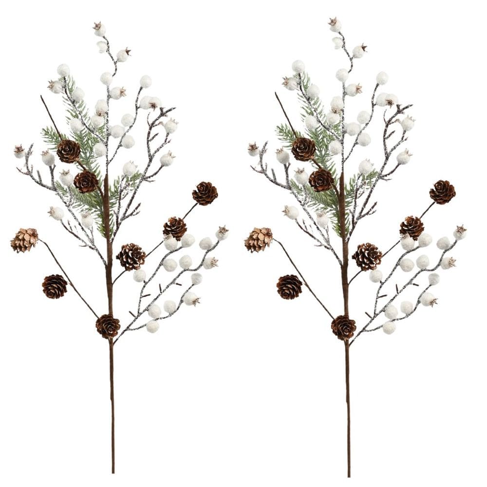 Jogo 2 Galhos Decor Natal Folhagens Berries Branco e Pinhas Rústico 62cm - Magizi