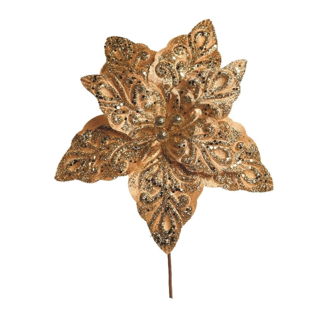 Flor Bico de Papagaio Pick Natal Veludo Arabescos Glitter Dourado 28cm - Magizi