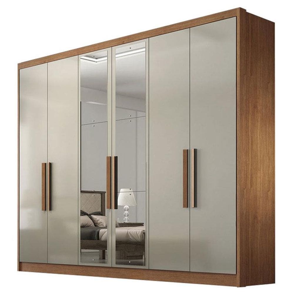 Guarda Roupa Casal Linea 6 Portas 4 Gavetas Cumaru 25 Fendi com Nicho e Espelho – Novo Horizonte
