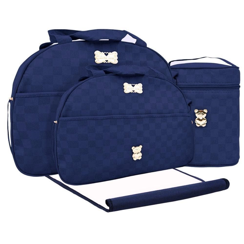 Kit Bolsas Maternidade Xadrez Baby Exclusive Gold Azul Marinho