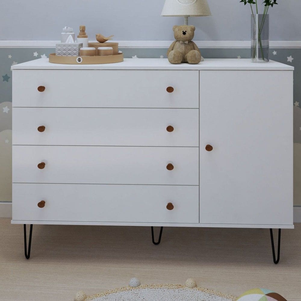 Cômoda Infantil Aurora 1 Porta 4 Gavetas Branco - Minastex