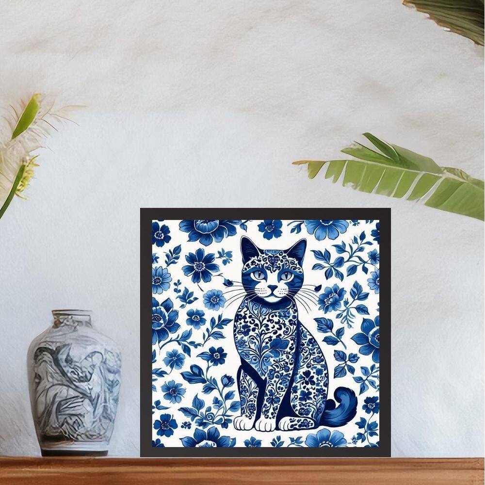 Quadro Gato Estilo Azulejo Português - 33X33Cm - Com Vidro