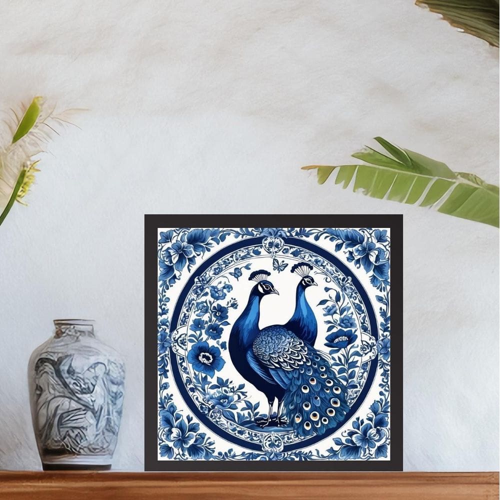 Quadro Pavão Estilo Azulejo Português - 33X33Cm - Com Vidro