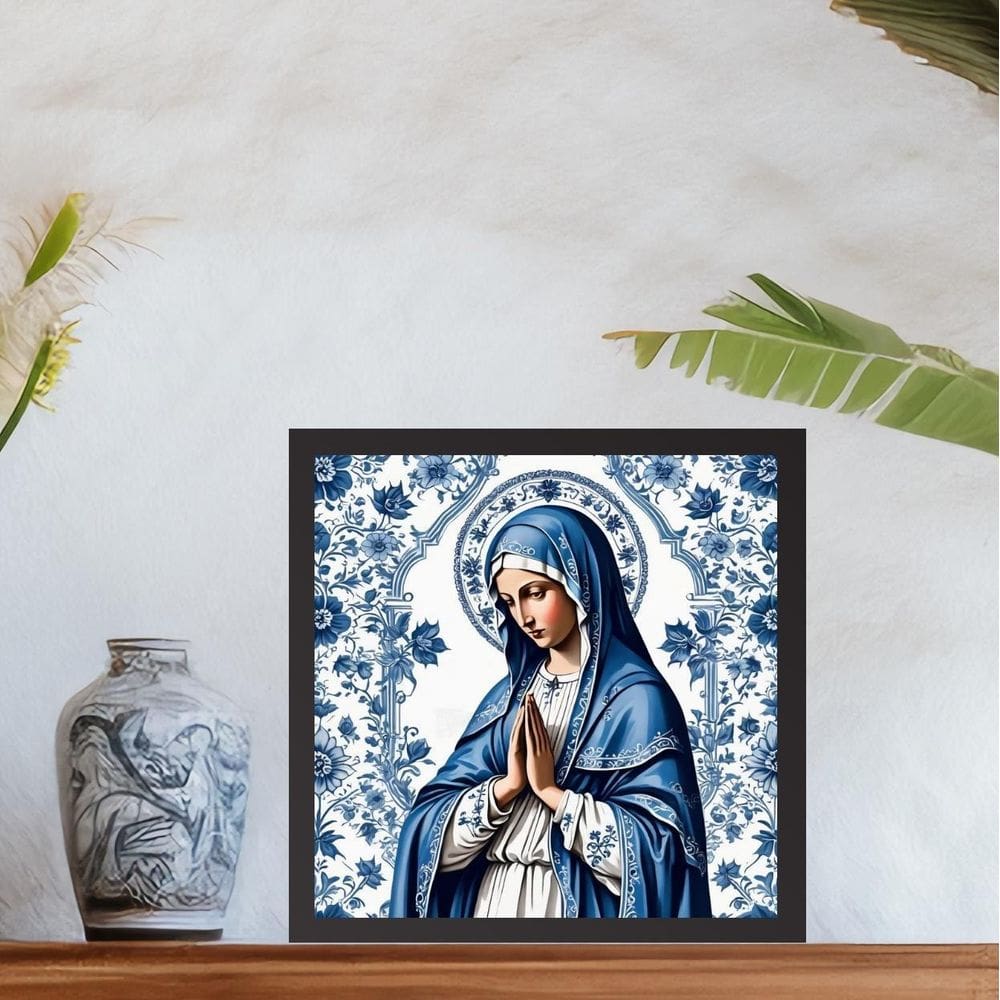Quadro Nossa Senhora Azul E Branco Floral - 33X33Cm