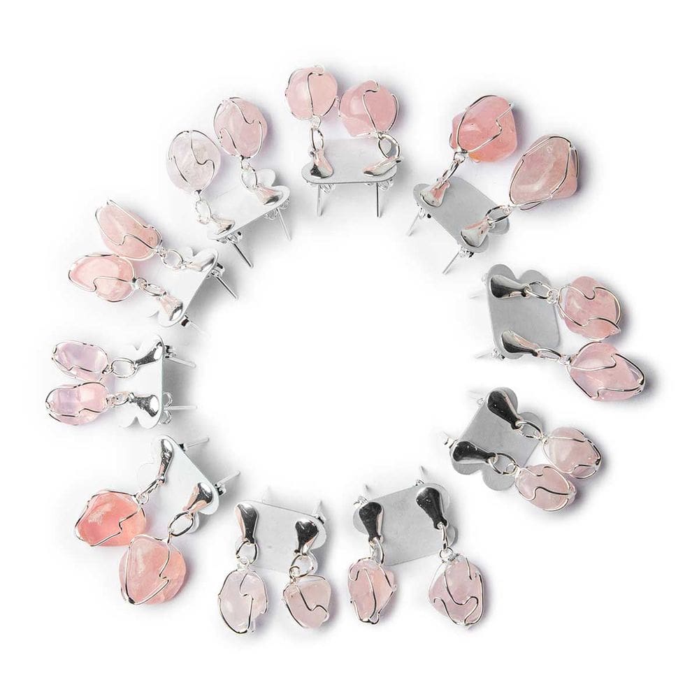 10 Brinco Cesta Amarrada Pedra Quartzo Rosa Prateado