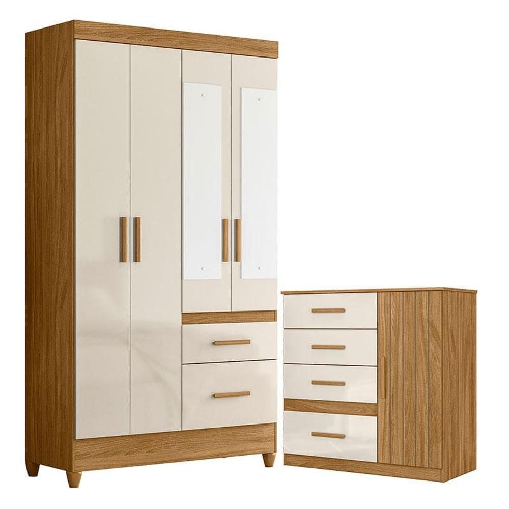 Guarda Roupa Solteiro Madri com espelho e Cômoda Vênus Freijó Off White – Moval