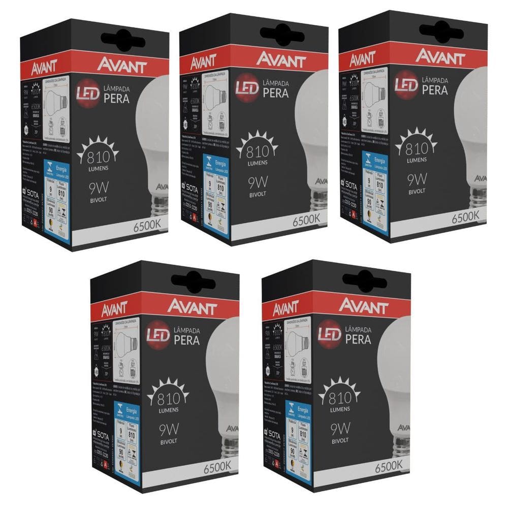 Lâmpada Led 9w A60 E27 6500k Branca Avant - Kit 5 Unid.