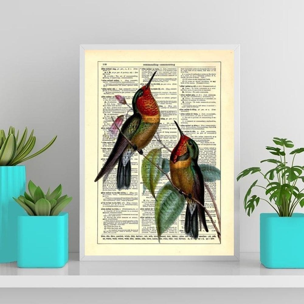 Quadro Decorativo Beija Flores Vintage 24X18 Moldura Branca