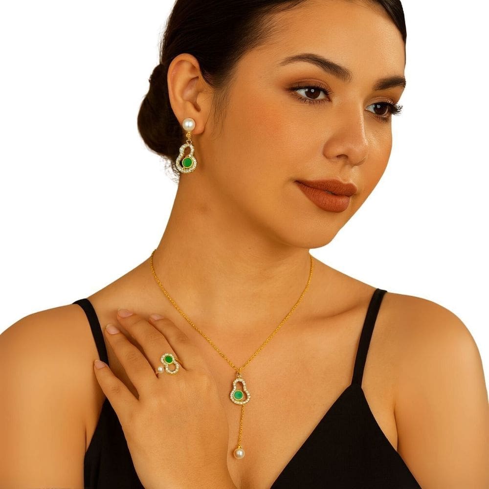 Kit Joias Femininas Pérola Verde Colar Brinco e Anel Luxo