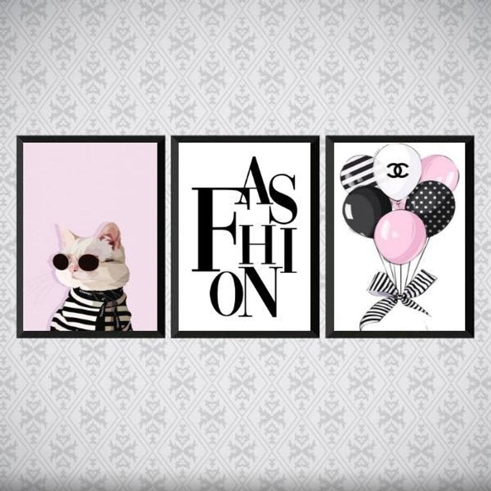 Kit 3 Quadros Fashion Moda Rosa E Preto 33X24Cm
