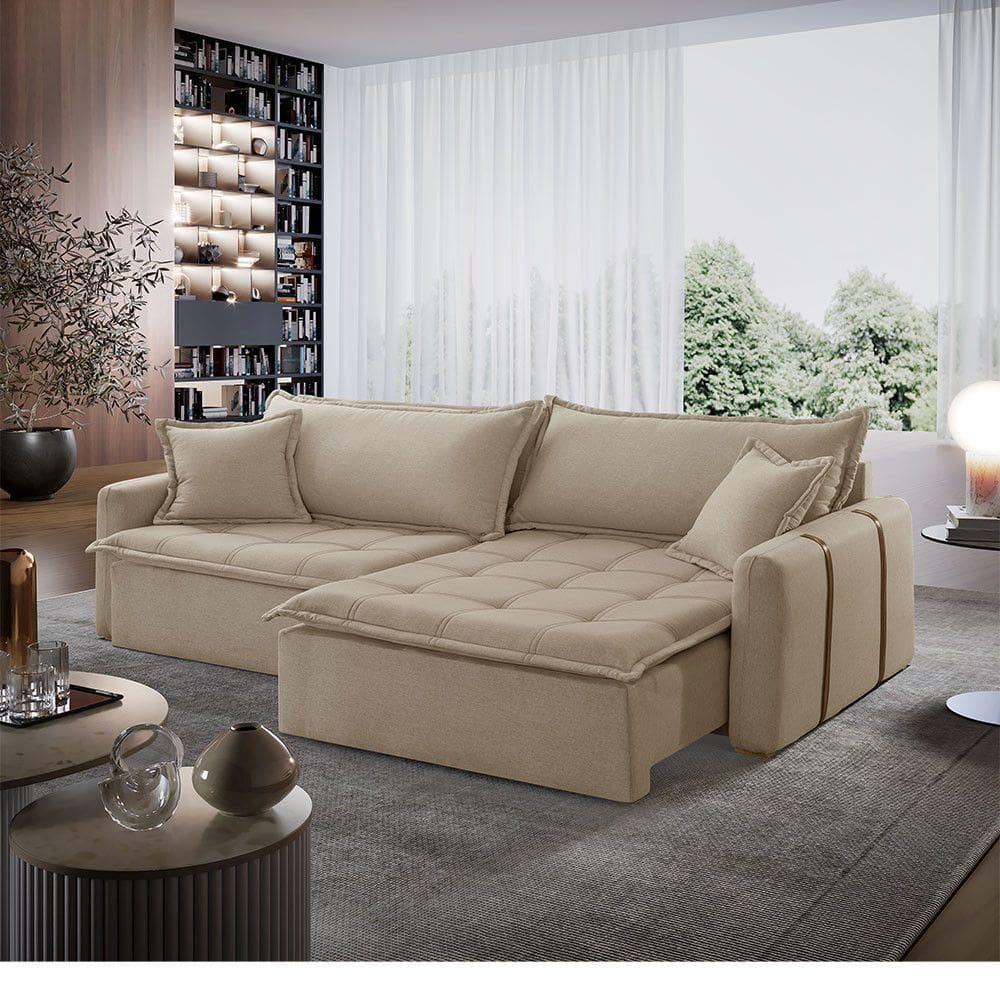 Sofá Cama Linho em Madeira Eucalipto 280cm Braço 20cm Arizona Meu Sofá Online