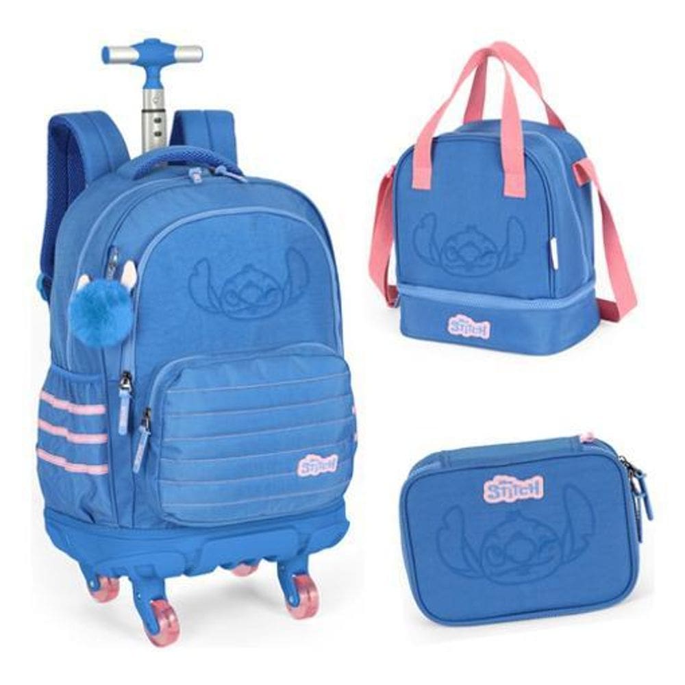 Kit Mochila Carrinho 360 Com Chaveiro Porta Notebook Stitch