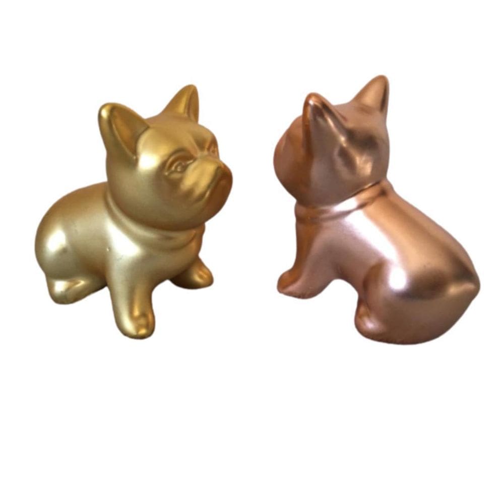 Enfeite Casal Buldog Cerâmica Rosé/Dourado 6cm