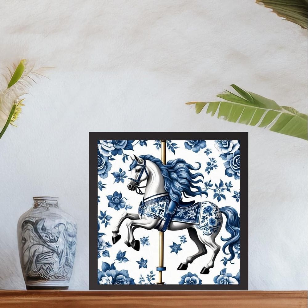 Quadro Cavalo Carrossel Estilo Azulejo Português 33X33Cm