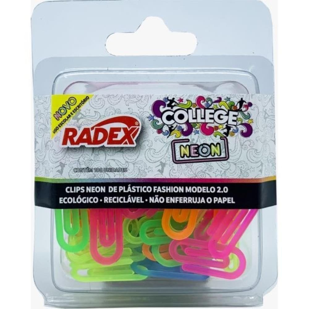 Clips Colorido Plastico Neon N.2 C/100Un. Radex Blister
