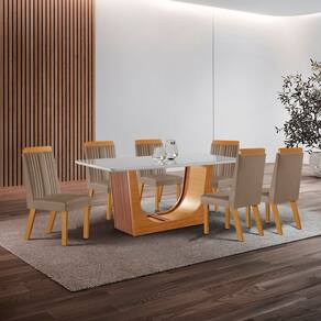 Conjunto de Jantar Mesa Maceió Tampo Mdf e Vidro com 6 Cadeiras Florença Yescasa Castanho Cinamomo/Capuccino/Off White