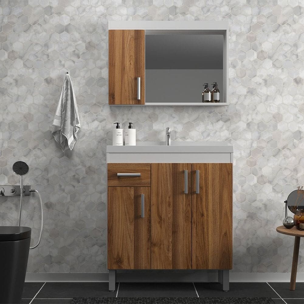 Gabinete de Banheiro 80cm com Cuba e Espelheira Branco/Amêndoa