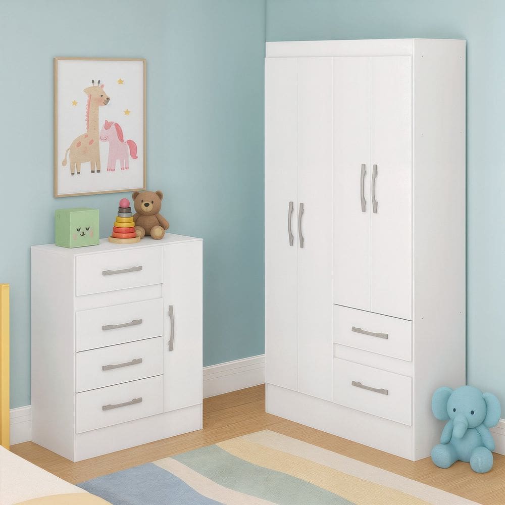 Quarto Infantil com Cômoda 4 Gavetas e 1 Porta Guarda-Roupa 4 Portas e 2 Gavetas Ninho Branco