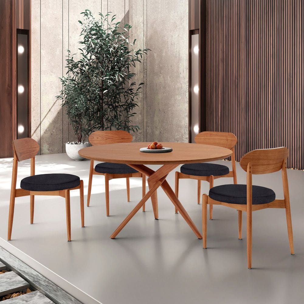 Conjunto Sala de Jantar Mesa 135cm Tampo Redondo Laminado e 4 Cadeiras Hope Preto / Imbuia Natural