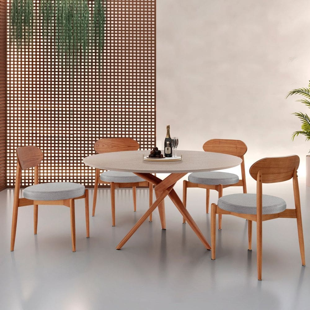 Conjunto Sala de Jantar Mesa 135cm Tampo Redondo Texturizado e 4 Cadeiras Hope Luna / Imbuia Natural / Off White