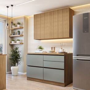 Cozinha Completa Modulada 2 Peças 3 Portas 4 Gavetas com Rodapé Norten Marrom/Verde