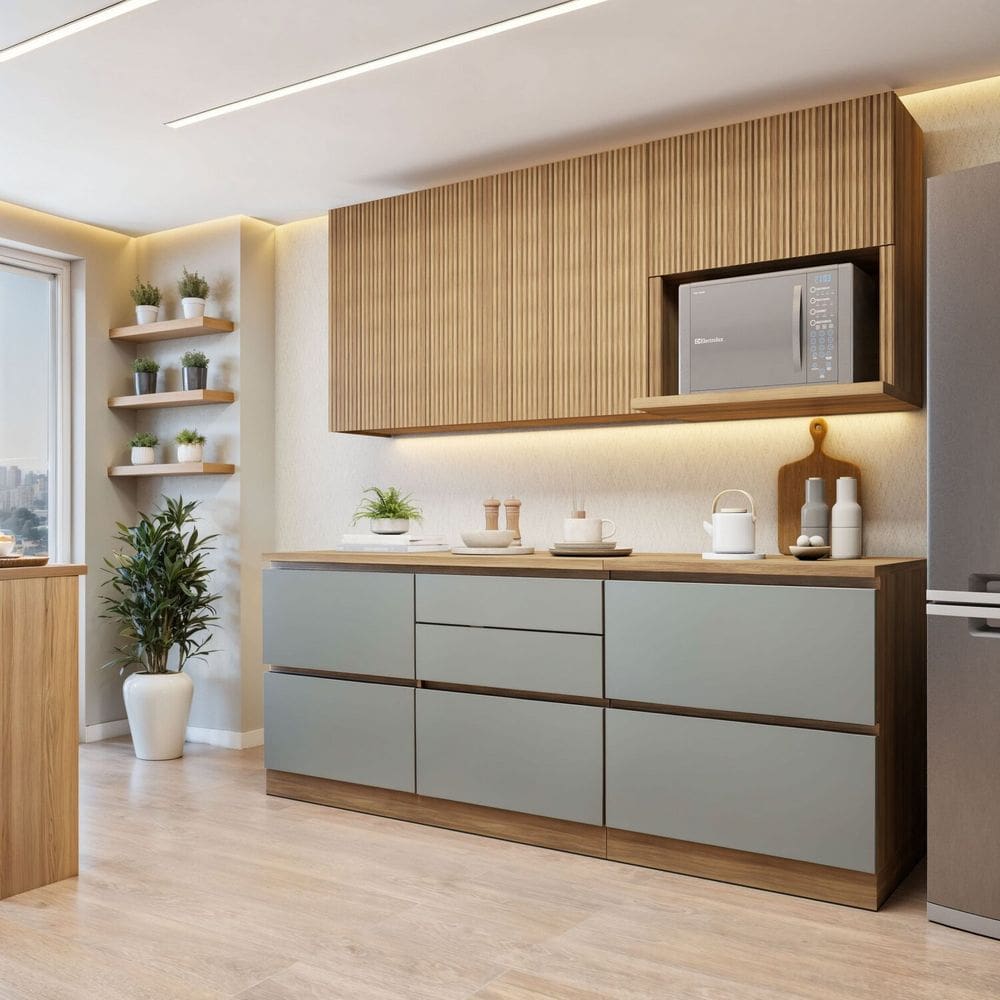 Cozinha Completa Modulada 4 Peças 6 Portas 4 Gavetas com Rodapé Norten Marrom/Verde