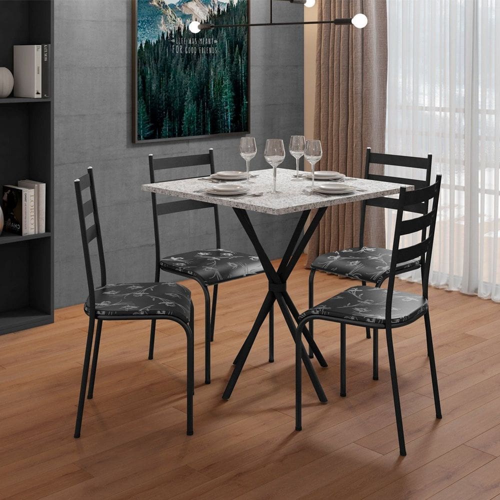 Conjunto Mesa com 4 Cadeiras 541.sli e Tampo Quadrado Diamante Preto Floral