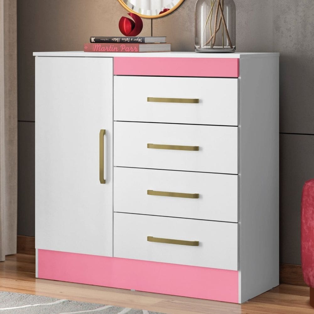 Cômoda para Quarto 4 Gavetas em Mdp Sonho Branco/Rosa
