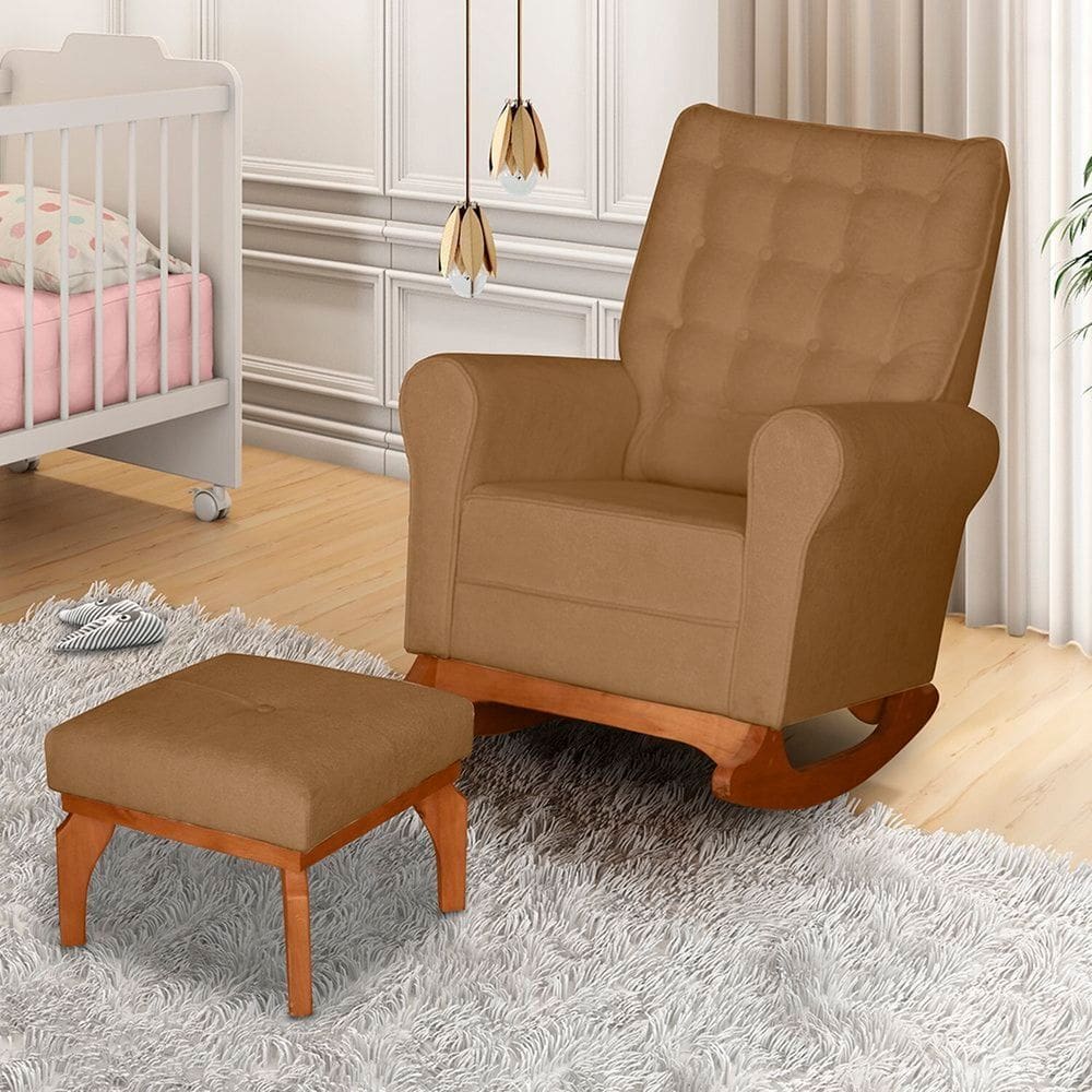 Poltrona de Amamentação com Balanço Bouclê com Puff Paris Ocre